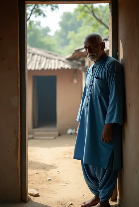 Hasrat Bhai, a 40-year-old man in a new blue kurta and pajama, is peeking from door, overhearing the conversation. His expression is concerned and thoughtful. He stands on the door of Mohan’s house. simple huts in the background.