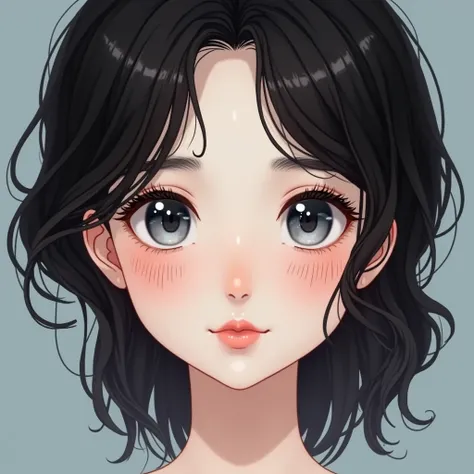 Face of a girl with slightly wavy black hair, light blue-gray eyes,  straight and slightly raised nose, slightly flat nasal septum ,  full lips, tanto el inferior como el superior son  full lips, pink and cute, white skin with light brown spots on the skin...