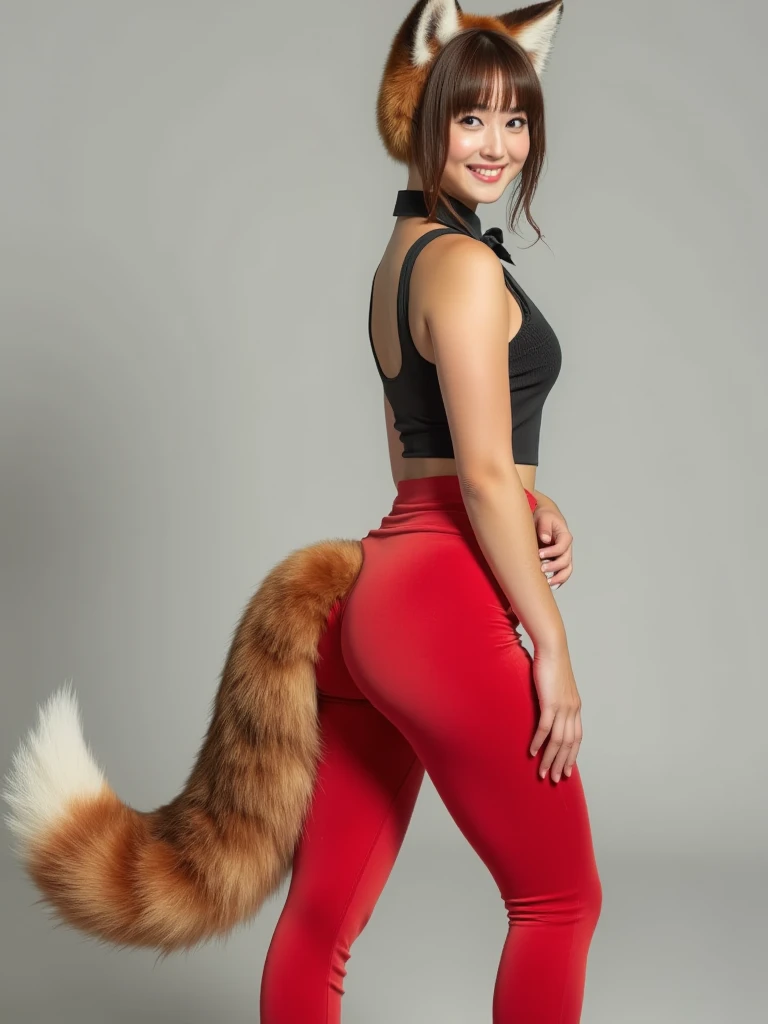 ((  top quality , 8k)), (( Juliet's sleeve 1 girl with stupid hair)), ((  photorealistic)), (Masterpiece),  perfect face , ((Woman with fox ears )), ((That woman has a tail )), foxgirl, (Her tail is big  ), ( That beautiful woman is smiling), She's a colle...