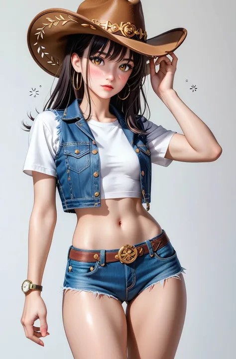 (( girl _1 person:2.0)),(Light brown background :1.0),( slender body:1.2),( micro short sleeve denim vest:1.1),( denim micro shorts that make you vomit yellow gastric juice from your mouth:1.1),(Navel exposed),( drunk :1.2),(Model standing:1.0),real skin ,...