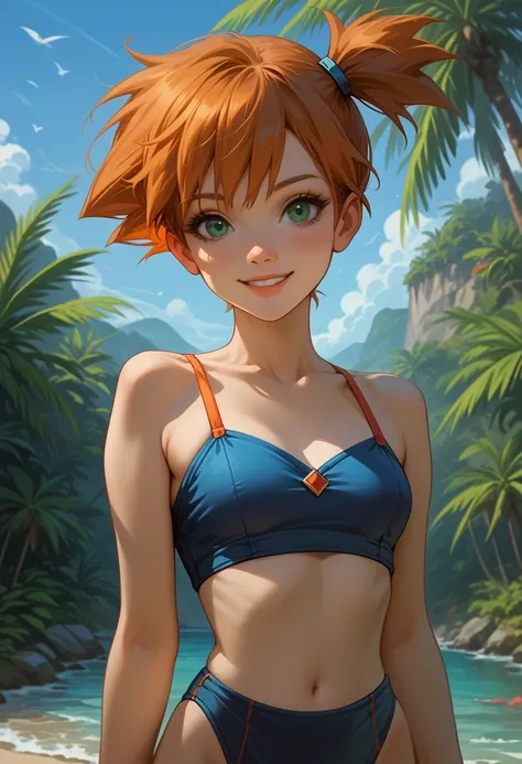 score_9, score_8_up, score_7_up, 1girl, solo, smile, beautiful waifu, (EPpkMisty, orange hair, short hair, side ponytail, green eyes:1.3), bare shoulders, outdoors, tropical beach, sunny, blue swimsuit, highleg, skinny, sexy poses, model shoot, perfect han...