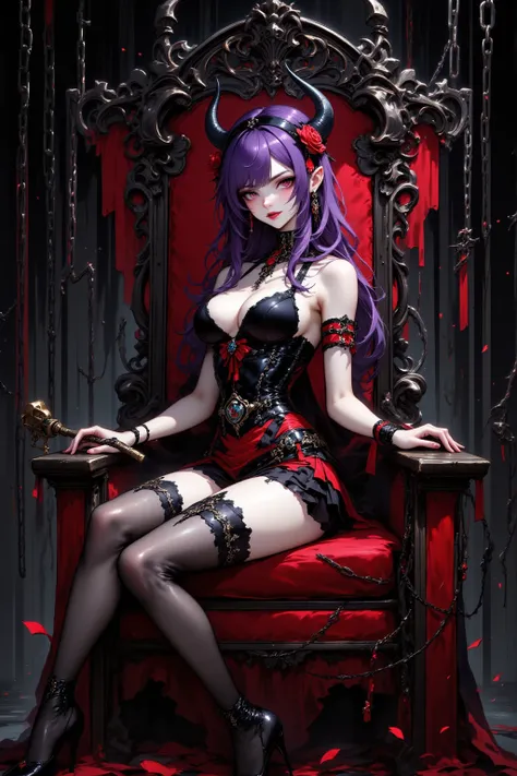 masterpiece, aesthetic, decadent, artistic, anatomically correct, fingers with the correct shape, five fingers, correct number of arms, (1girl, sitting on a throne, beautiful purple hair, rose hair ornament, black hairband, gothic bondage dress with black ...