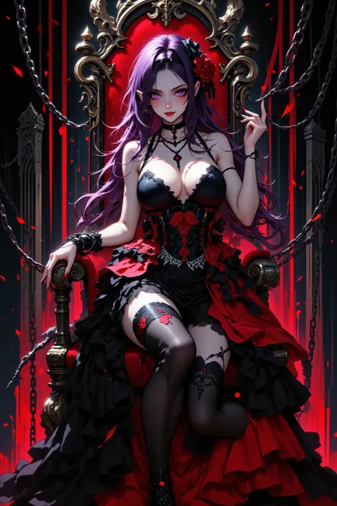 masterpiece, aesthetic, decadent, artistic, anatomically correct, fingers with the correct shape, five fingers, correct number of arms, (1girl, sitting on a throne, beautiful purple hair, rose hair ornament, black hairband, gothic bondage dress with black ...