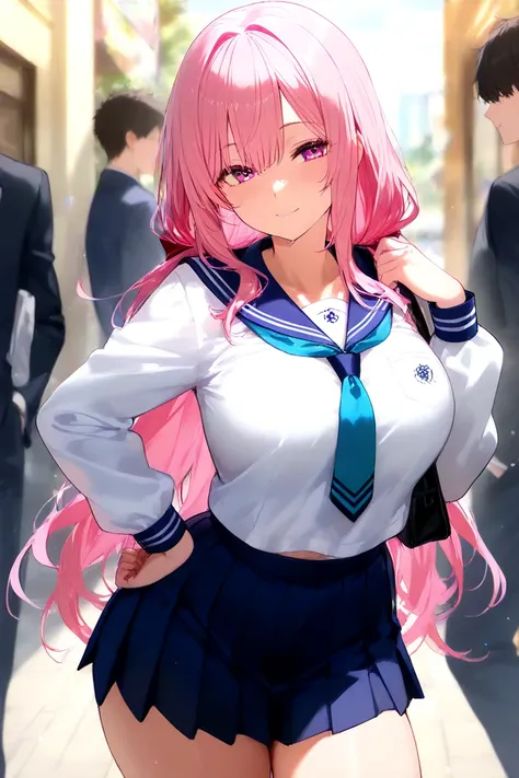 She has pink hair and is wearing a sexy school uniform.