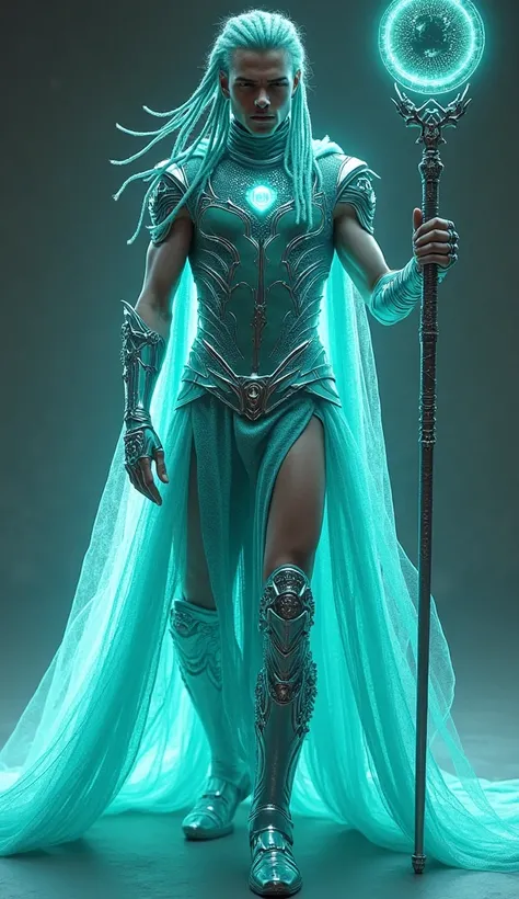 Full body photorealistic head to toe handsome hunky young slender futuristic male knight with light dreadlocks teal hair wearing a teal micro scale textured transparent mesh costume, with gloves and belt and boots with stylized tiaras.and wristbands that c...