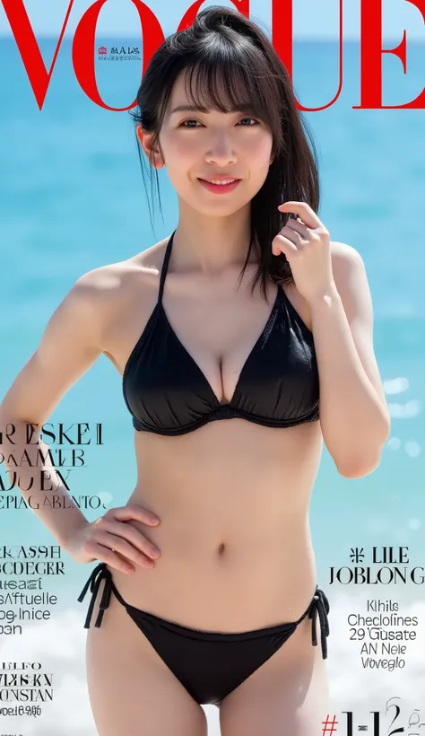 Magazine front cover " Vogue " written in middle Red decoration letters at the upon the screen Front pose, standing pose, right hand on hip, Front view, cowboy shot, japanese girl, 23 years old, Japanese woman with straight bangs and a high ponytail hairst...