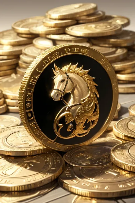 The shimmering gold meme coin is surrounded by diamonds. The coin sits on a pile of many gold coins, with diamonds and gold strewn down from the sky, with the image of a black scaled horse on the coin, a dragon's head and face like a dragon, a body and a p...