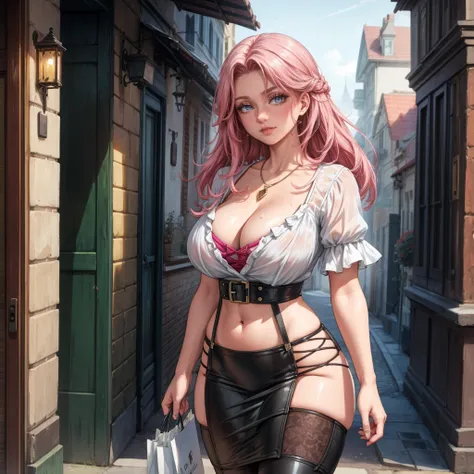 Masterpiece, beautiful art, 8k, art style by sciamano240, very detailed face, detailed hair, detailed clothes, detailed fabric, 1girl, beautiful face, long hair, hot pink hair , model head shot, facing camera, very detailed green eyes, sultry smile, wearin...