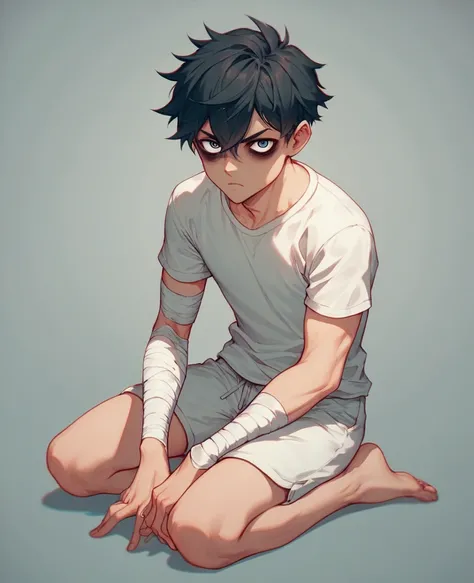 boy1, bandages on arms, black circles under eyes, short black hair, white t-shirt, white shorts, barefoot, cute and gore aesthetic, simple drawing, thin line art. bottomless, posing kneeling, serious expression