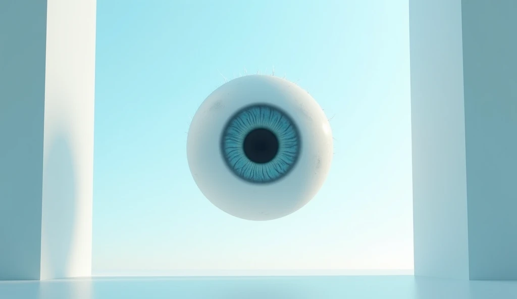 “Super cute 3D style” Many white people go about their daily lives around a “big eye” floating on a large square. There is nothing else. The color tone is bluish white. The picture is clear, wide angle, the details of the eyeball are realistic and beautifu...