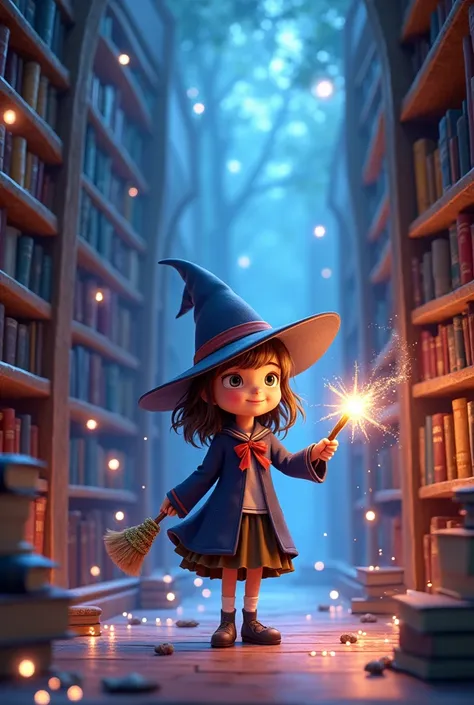 Book cover a schoolchildren witch stands in the library and does magic with the magic wand Pixar style