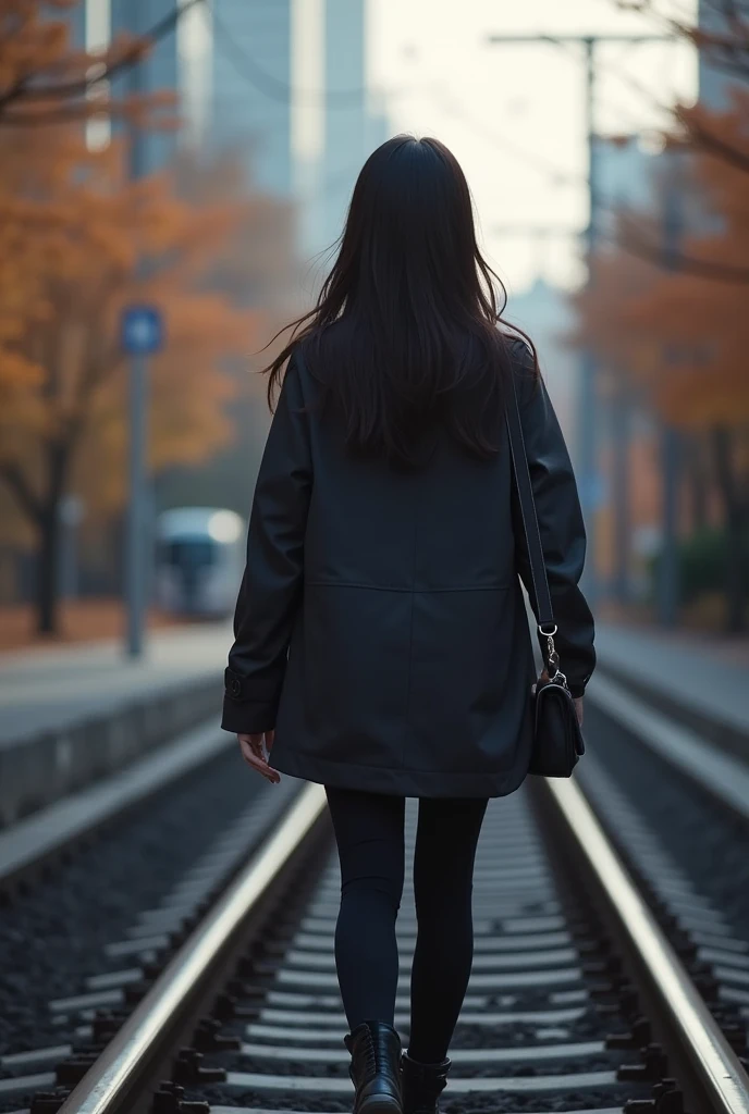  Ultra-realistic , Realistic,  Dramatic Scene , shadow, Full-area lighting,  a young Japanese woman ，medium long hair，Bangs，In the Fall，The train is passing ， Low angle shot ， full body photo， back to camera ，Walking on the road next to the railway，((((( D...