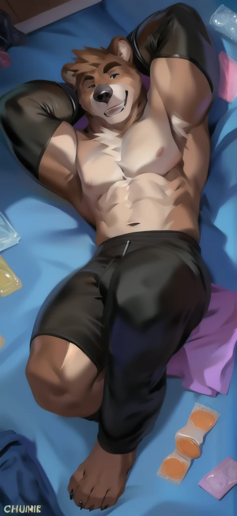      alone, Male tall     , Big torso     , Lying on the floor  , The room is empty., There are a large number of condoms, Tight hug on the chest.,bear , black Green tracksuit soldier​,      overload    ,      Muscle Bound   ,  smiley , by chunie     