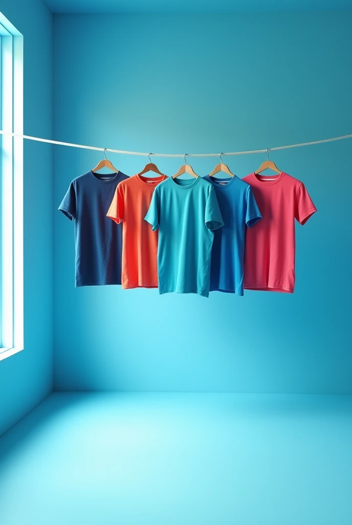 a beautiful room with blue paint color with 5 t hshirts hanging 