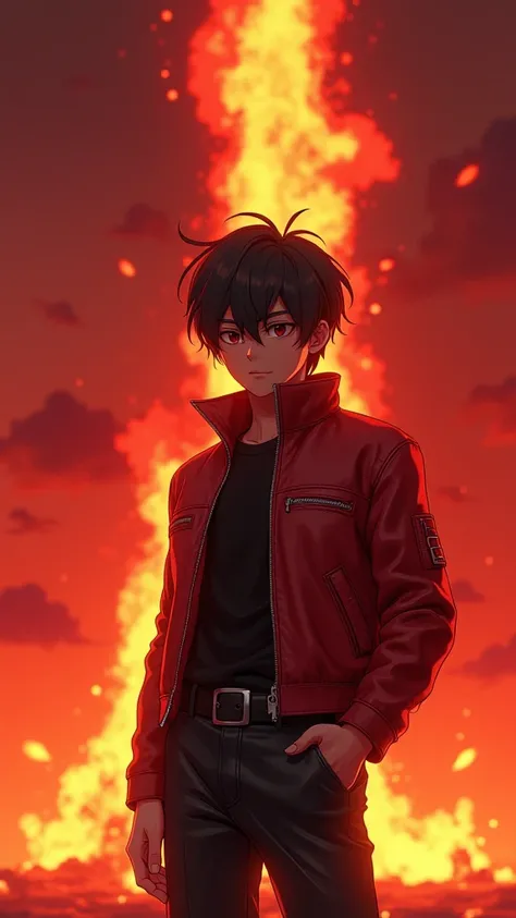 ultra realistic 8k cg, beautiful detailed glow, short black haired boy, with red cropped leather jacket, black shirt, and black leather pants, shooting large beam of fire, red sky background, 90s anime style