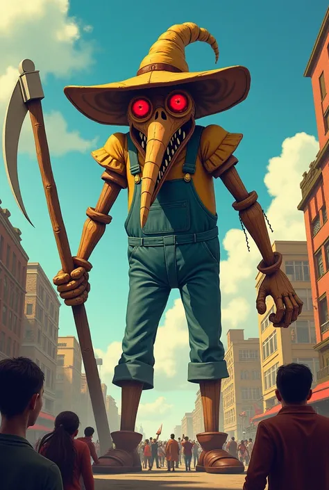 (((giagantic building sized evil cartoony wooden puppet holding a scythe))), mechanical mouth with sharp teeth, (((wearing scarecrow hat))), (((long wooden nose))), ((creepy red eyes with pupils)), wearing overalls and shoes, crowd of people, attacking cit...