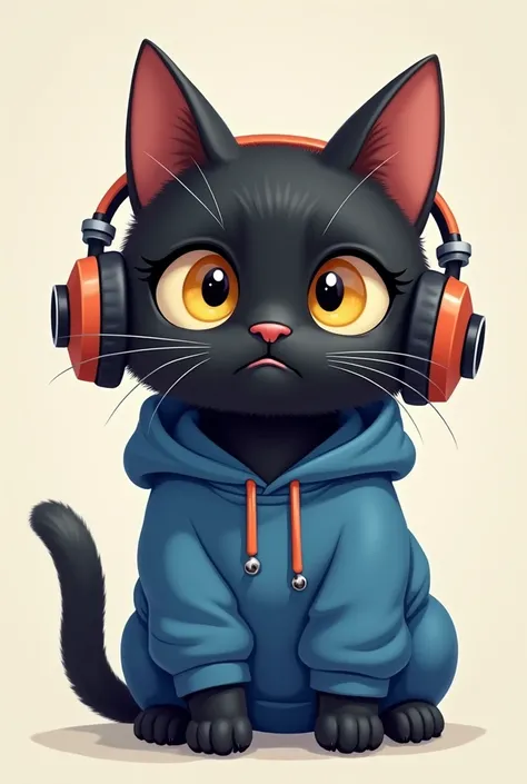 Create a black cat with headphones and blue sweatshirt with a cute angry face,  ribbon