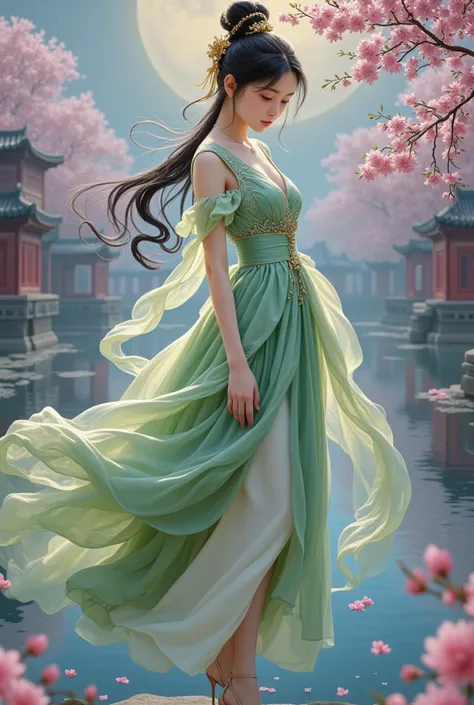 A graceful Chinese woman with fair skin and long, silky hair styled in an elegant bun adorned with a golden hairpin. She wears a traditional green Chinese ancient dress with intricate details. The setting is the Forbidden City, depicted with a serene, slig...