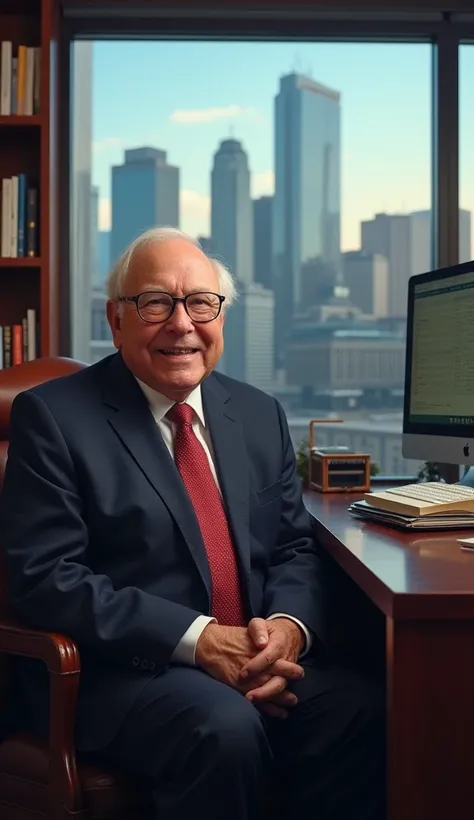 "Warren Buffett as an elderly, wise man, sitting in a modern office filled with bookshelves and stock market screens. He wears a business suit, glasses, and has a friendly smile. Behind him, a large window shows the skyline of Omaha, symbolizing his succes...