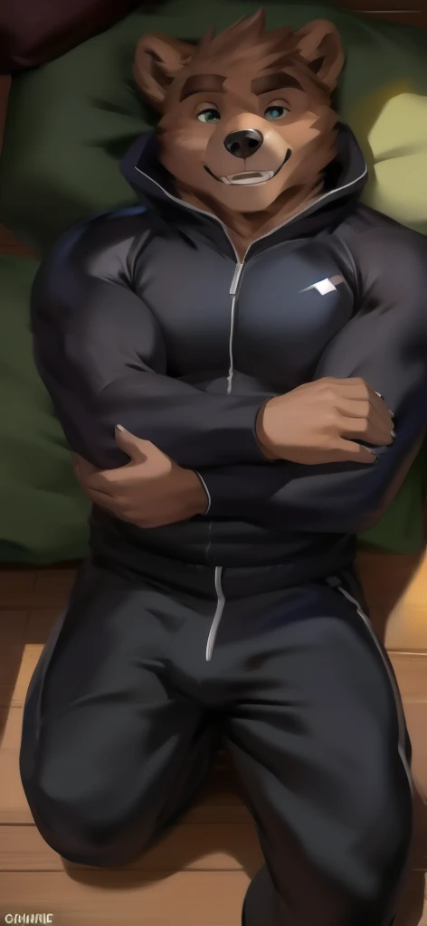      alone, Male tall     , Big torso     , Lying on the floor  , The room is empty​, Tight hug on the chest.,bear , black Green tracksuit soldier​,      overload    ,      Muscle Bound   ,  smiley , by chunie     