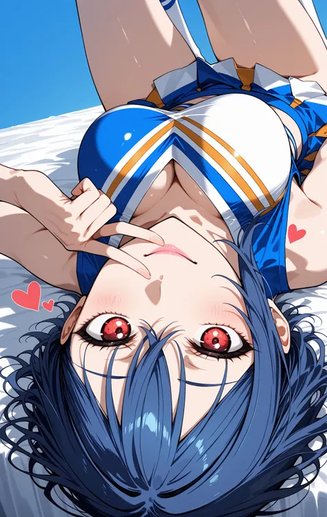 masterpiece,  best quality,  Great Quality ,  Very Aesthetic,   ridiculous , up to date, scenery, high definition , high resolution, close-up portrait with legs closed to hide crotch,woman,woman,  Wakana Shiki ,Love Live,blue hair, short hair, red eyes, Sh...