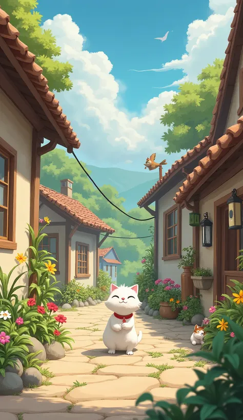 In a small village, there was a little white cat named Muni. Muni was very kind, loved by everyone, and always ready to help. He didn’t just get along with other cats but also with all the animals in the village.