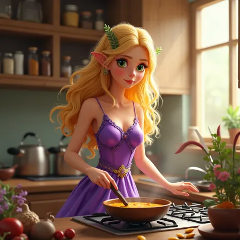 Create a realistic image of a realistic adult women fairy in a kitchen making curry. She has blonde hair, green eyes, and she is wearing a purple dress.