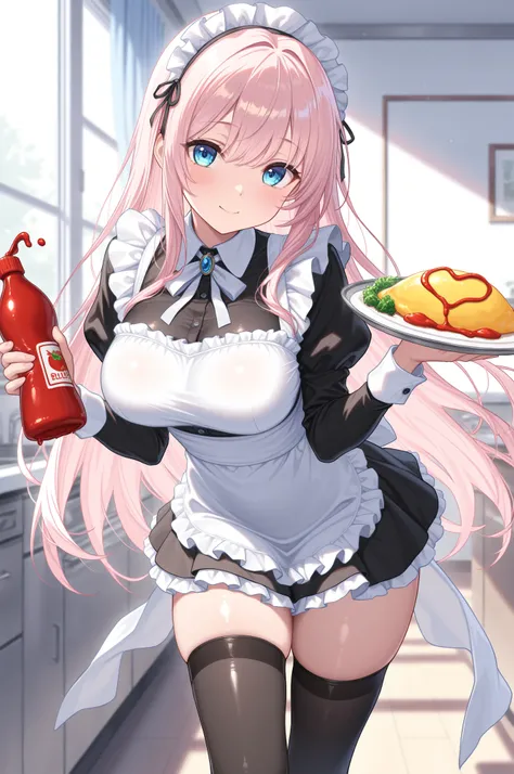 masterpiece, best quality, newest, masterpiece, best quality, amazing quality,very aesthetic, absurdres, newest,

1woman, blue eyes, (light pink hair), vibrant colors, beautiful eyes, beautiful hair,

, ((glossy skin)), mini skirt,black stocking,Maid,apron...