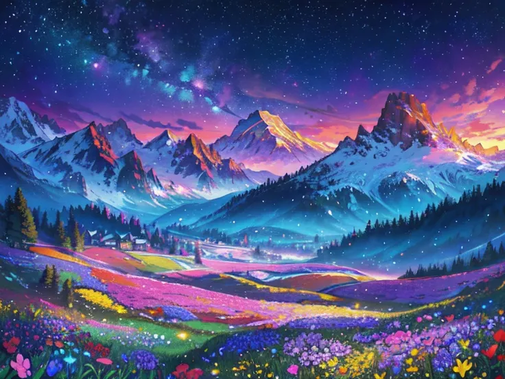 Animated, exquisitely detailed, colors bright and deep, pastel, dramatic, bright and colorful background. A breathtaking morning. Looking out over a tranquil flower field. Vibrant wildflowers bloom in the foreground and snow-capped mountains can be seen in...