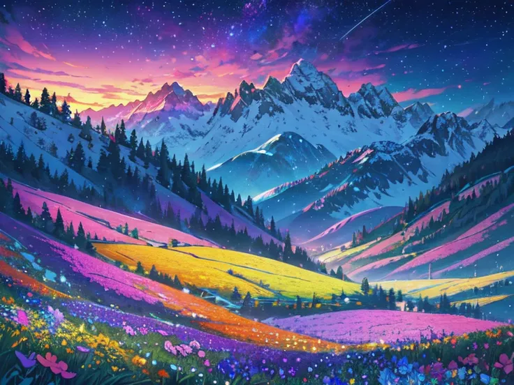 Animated, exquisitely detailed, colors bright and deep, pastel, dramatic, bright and colorful background. A breathtaking morning. Looking out over a tranquil flower field. Vibrant wildflowers bloom in the foreground and snow-capped mountains can be seen in...