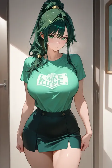  Beautiful and pretty woman with long dark green hair tied in a high ponytail ,  emerald green eyes and an unbuttoned shirt that reveals another transparent t-shirt where her breasts stand out,  perfectly proportioned , in a very natural way ,  neither too...