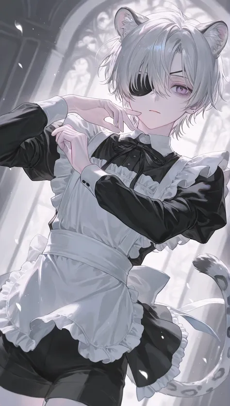 (1 man with straight short gray and pale gray hair:1.4)，pale purple eyes, gothic background、 the petals dance、 maid clothes、detailed costume,  Sunshine、maid, gothic maid cloth, eyepatch, guns, dynamic angle, black ribbon, short pants, white leopard ears, w...