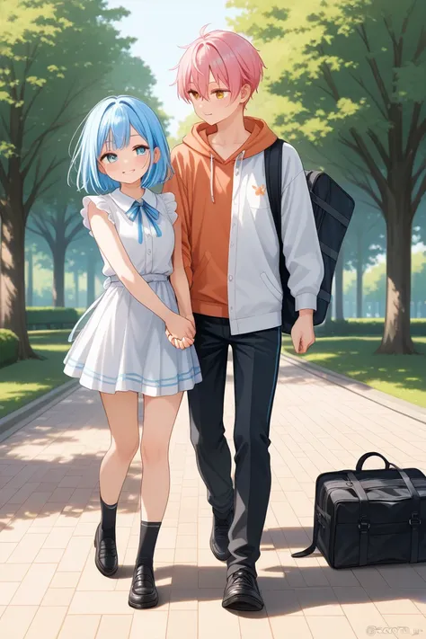 A  blue-haired handsome older brother and a  girl with long pink hair are walking in the park holding hands