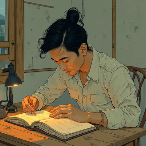 there is a man sitting at a table writing in a book, inspired by Liam Wong, lofi artstyle, lofi portrait, by Liam Wong, lo-fi illustration style, artwork in the style of guweiz, lofi art, chillhop, inspired by Yanjun Cheng, digital anime illustration, ross...