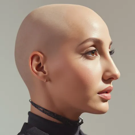 Realistic SIDE profile arafed picture of Nora Fatehi with a bald head and a shaved face, face morph, realistically rendered face, hyperrealistic , extremely realistic face, face very realistic, real detailed face, real human face with skin, hyperrealistic ...