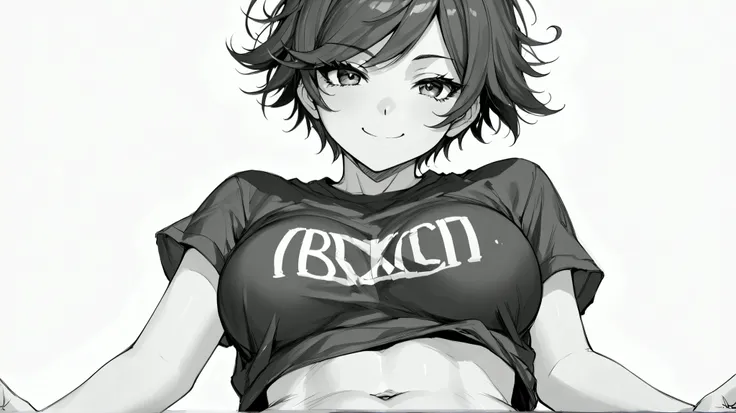 score_9_up, score_8_up, score_7_up, 1girl, solo, source_anime, Beautiful eyes, tomboy, traditional media, sketch,  greyscale, monochrome BREAK

Bob cut, messy hair, short hair, swept bangs, ahoge, large breasts BREAK 

Shirt, short sleeves, navel, skirt BR...