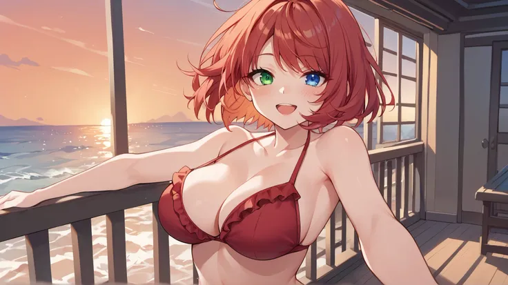 score_9_up, score_8_up, score_7_up, 1girl, solo, source_anime, heterochromia, blue eyes, left eye blue, green eyes, right eye BREAK
Bob cut, red hair, short hair, swept bangs, ahoge, large breasts BREAK 

Red bikini, navel, frilled bikini BREAK 

Standing,...