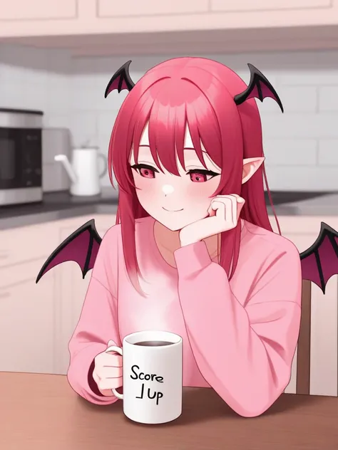 Cute succubus girl, with small wings. Has fallen in love with her host and is trying to live in our world. Today, she is sitting at the kitchen table, drinking a mug of coffee, and quietly thinking happy thoughts.