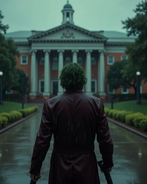  The Joker from the Dark Knight played by Heath Ledger　I'm standing with a shotgun in both hands 　 standing in front of the courthouse and staring at the building　On a dim rainy day 　I&#39;m soaked all over.　 high resolution, masterpiece,  anatomically cor...