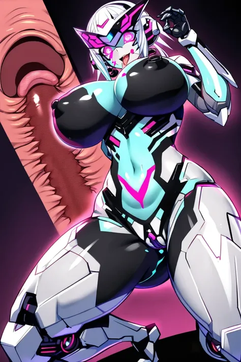 nsfw, 1girl, solo, milf, mature woman, cyborg, purple eyes, robot eyes, mullet hair, mechanical hair, silver hair, ((((30ms, 30 minutes sisters, robot girl, mechanical arms and mechanical legs, robot body, robot face, lewd costume, shiny color bodypaint)))...