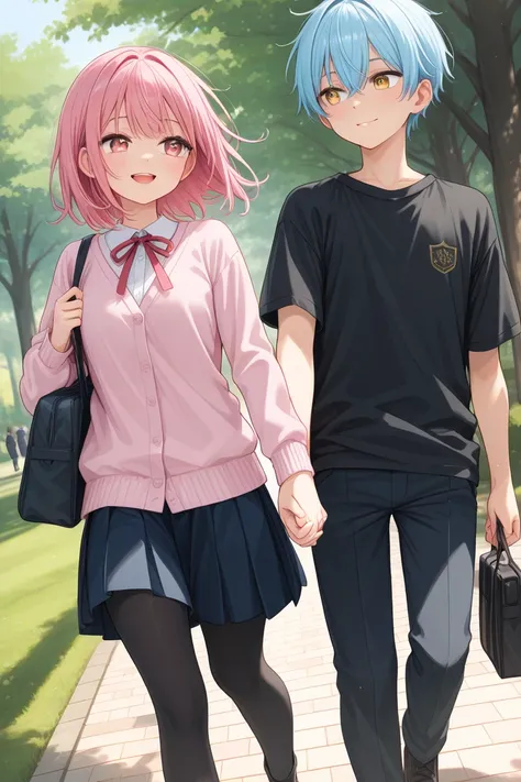 A tall blue-haired handsome older brother and a short  girl with long pink hair are walking in the park holding hands