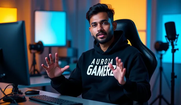 An Indian man sitting confidently on a modern gaming chair in his YouTube Gaming Room. He is wearing a bright Black hoodie with AUROXA GAMERZ boldly printed on it. His face is clearly visible and expressive. The man is gesturing with his hands, as if expla...