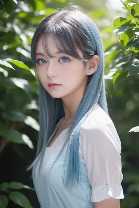 ((Masterpiece)), ( best quality ), (  Details), ( 1 girl in the bush), (Internal Data Stream)  light blue gradation hair, Light blue sparkling eyes ,  straight hair,  wearing a modern white shirt and black dress,  covered in data particles , Locked around ...