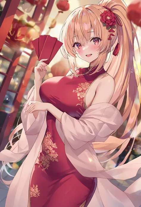 Create an anime-style illustration featuring a mature, stunning woman with flowing golden hair, wearing a vibrant red cheongsam adorned with intricate floral patterns. She stands on a bustling street filled with festive decorations for Chinese New Year, in...