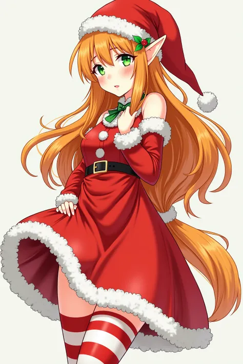 1girl, An elf girl,  orange hair,  long hair ,  green eyes,  white skin , sexy red and white striped stockings Christmas dress , medias ralladas rojo y blanco