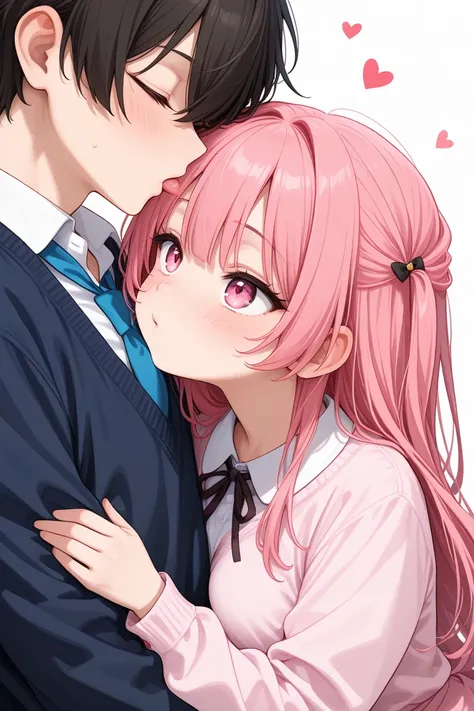  girl hugging and kissing her brother、Pink long hair