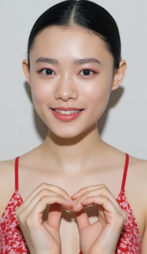  Super Fine、An upshot of her face、She has a smile showing her teeth, wears a camisole, and poses with her hands in the shape of a heart in front of her chest、The background is plain、  high definition、細部にわたって high definition