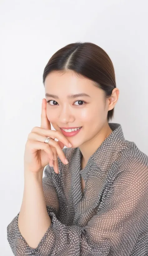  Super Fine、An upshot of her face、She has a smile showing her teeth, wears a camisole, and poses with her hands in the shape of a heart in front of her chest、The background is plain、  high definition、細部にわたって high definition