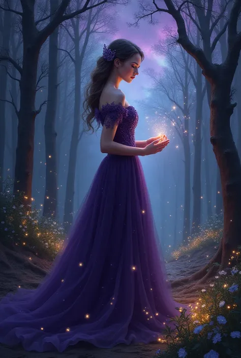 Make a girl in a dark purple fairytale-themed wedding dress and a magical forest with white fireflies in the background, black and purple and a starry sky with a shower of stars and an aurora 