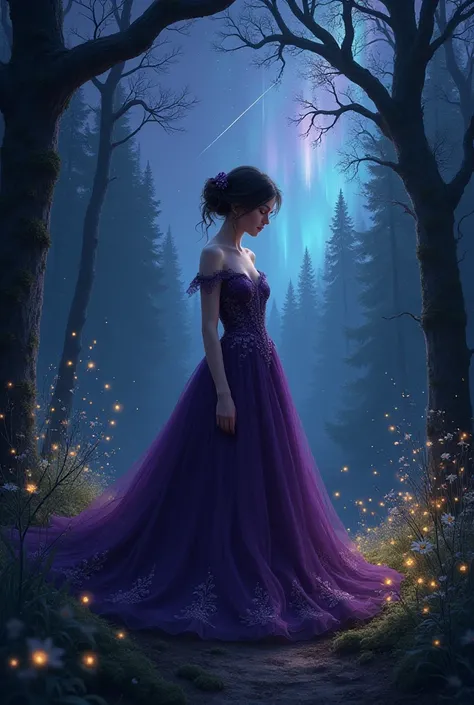 Make a girl in a dark purple fairytale-themed wedding dress and a magical forest with white fireflies in the background, black and purple and a starry sky with a shower of stars and an aurora 